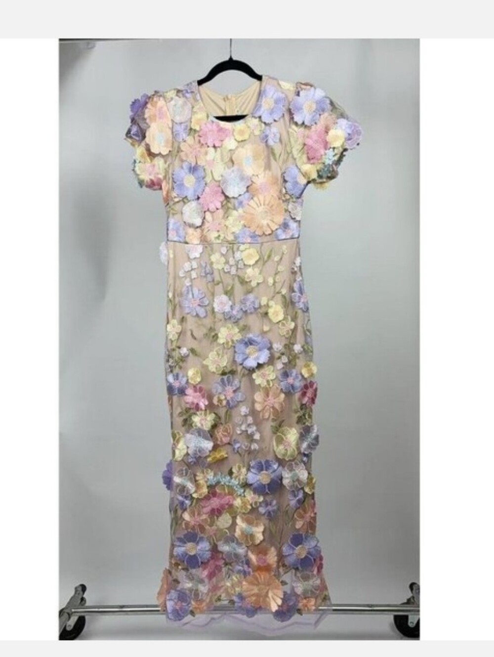 Floral Appliqué Sheer Maxi Dress in Pastel Mix
